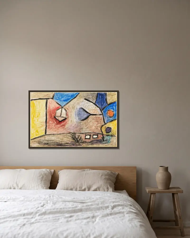 Landschaft B. L. av Paul Klee inramad på en vägg