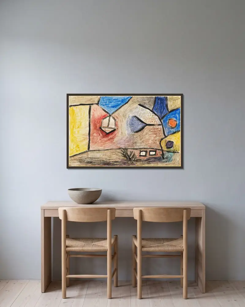 Landschaft B. L. av Paul Klee inramad på en vägg