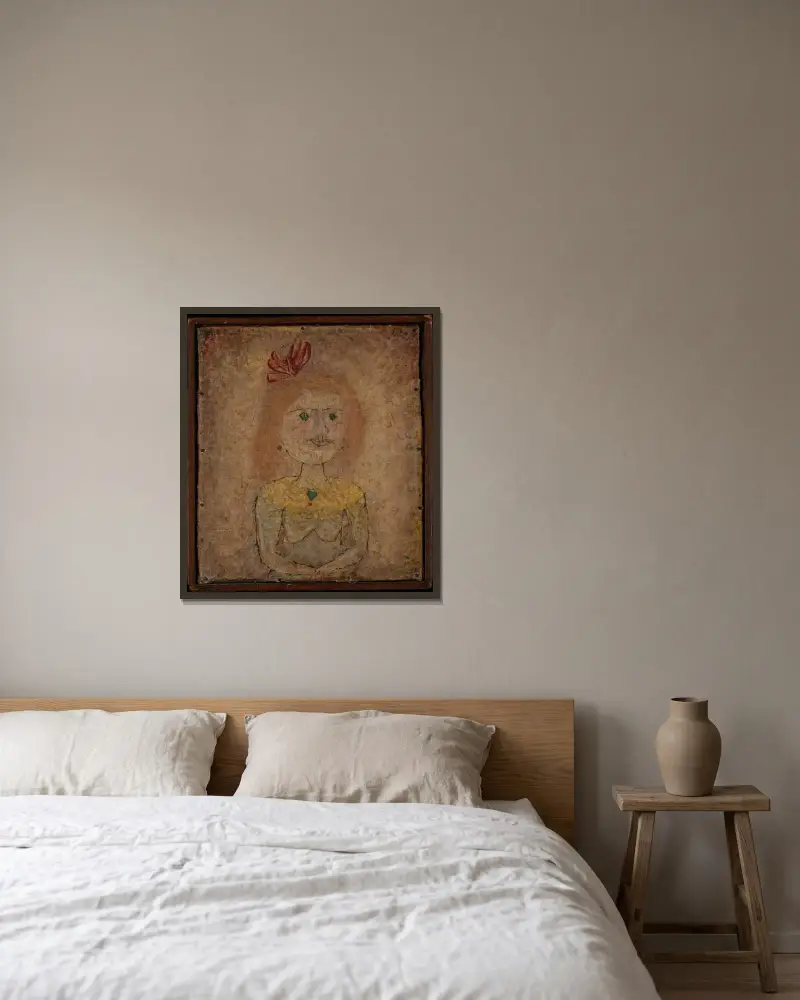 Litet porträtt av en flicka i gult, 1925 – nr 2 av Paul Klee inramad på en vägg