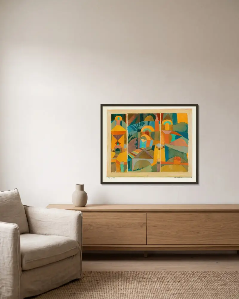Tempelträdgårdar av Paul Klee inramad på en vägg