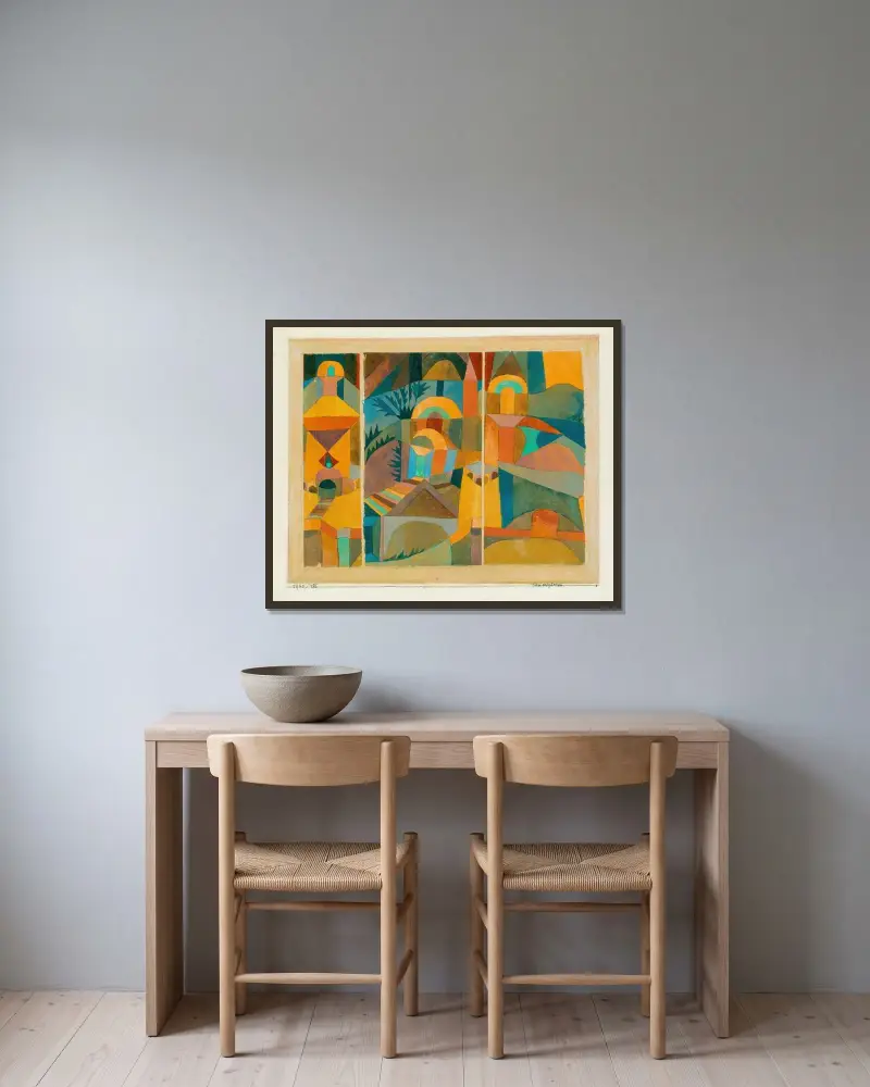 Tempelträdgårdar av Paul Klee inramad på en vägg