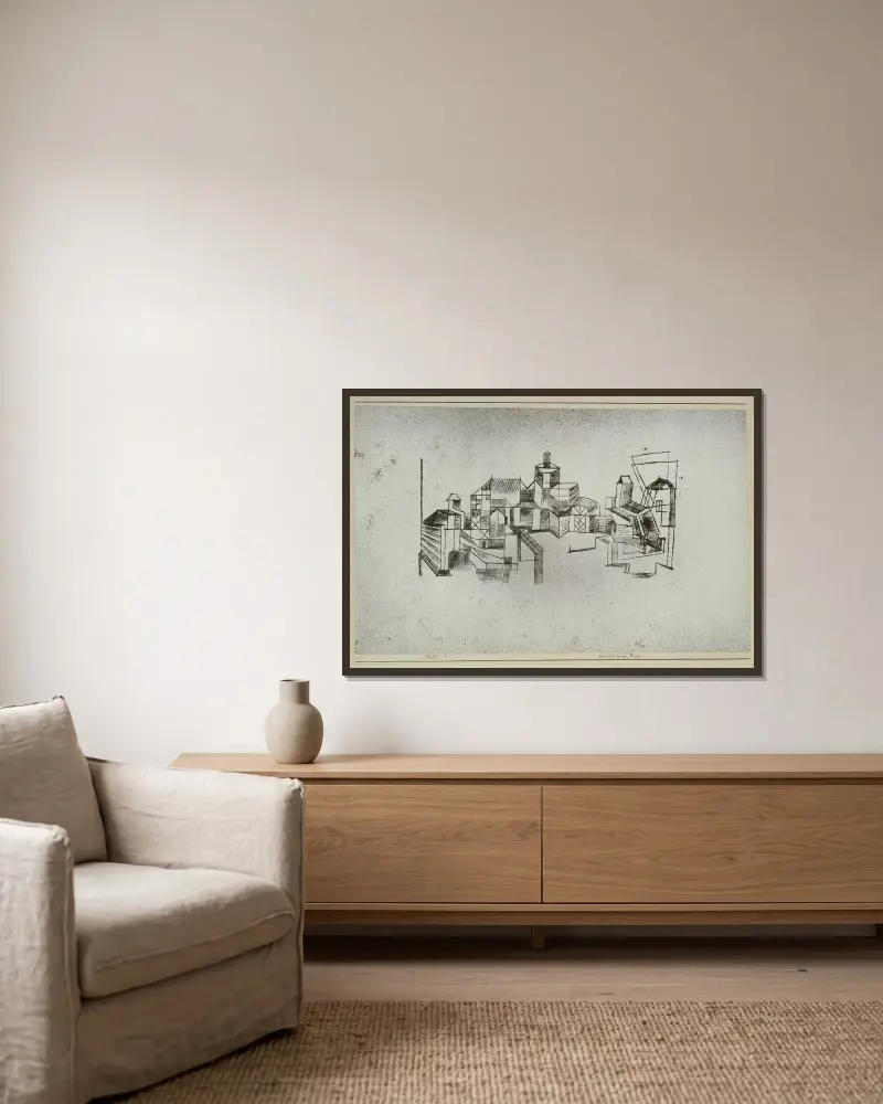 Vy över en fästning av Paul Klee inramad på en vägg