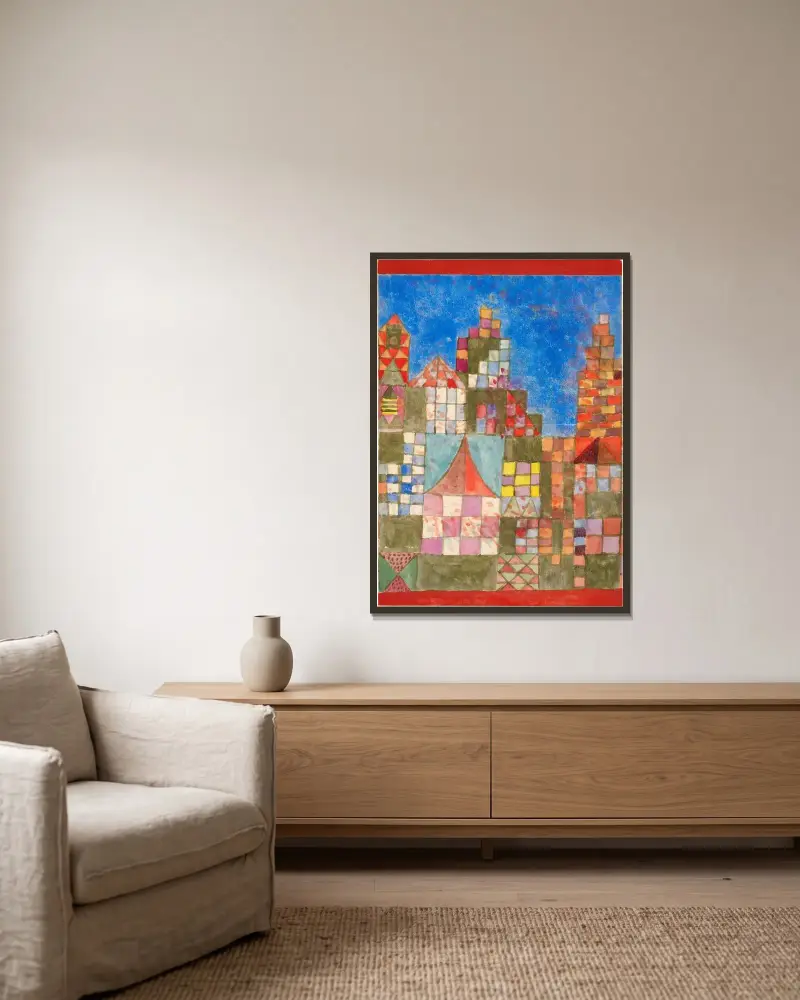 Westöstliche Bauten av Paul Klee inramad på en vägg