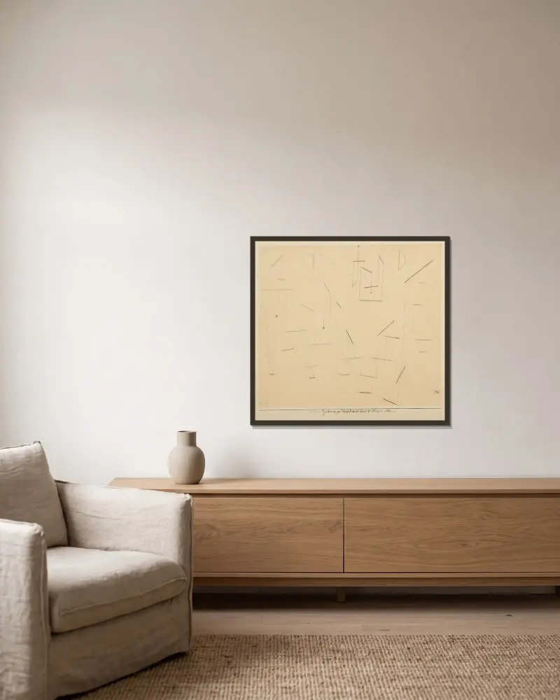 Teckning till väggmålning från Templet för längtan dit av Paul Klee inramad på en vägg