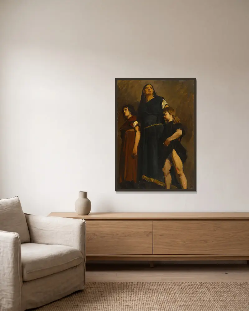 Merowingische Frau und zwei Kinder von Jean-Paul Laurens gerahmt an einer Wand
