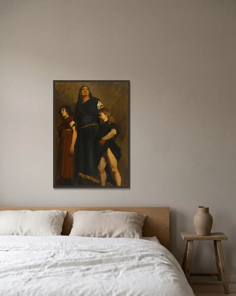 Merowingische Frau und zwei Kinder von Jean-Paul Laurens gerahmt an einer Wand