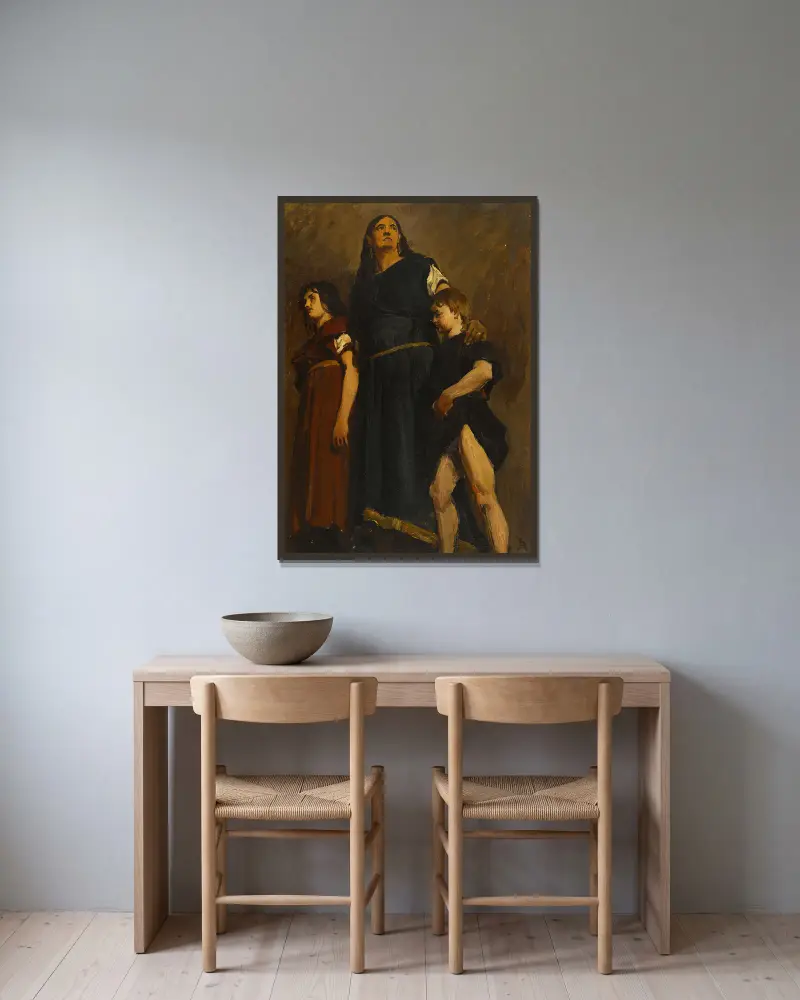 Merowingische Frau und zwei Kinder von Jean-Paul Laurens gerahmt an einer Wand