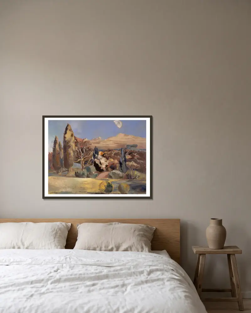 Landskap vid månens första kvarter av Paul Nash inramad på en vägg