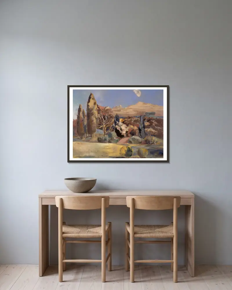 Landskap vid månens första kvarter av Paul Nash inramad på en vägg