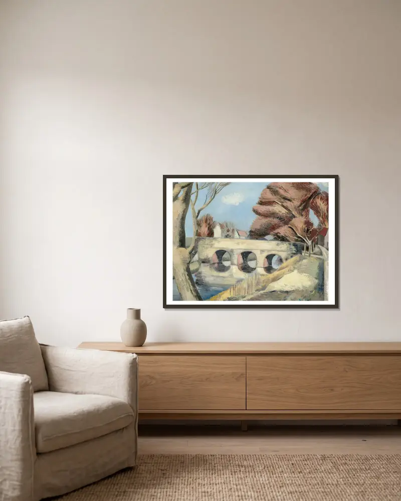 Die Brücke, Romney Marsh von Paul Nash gerahmt an einer Wand