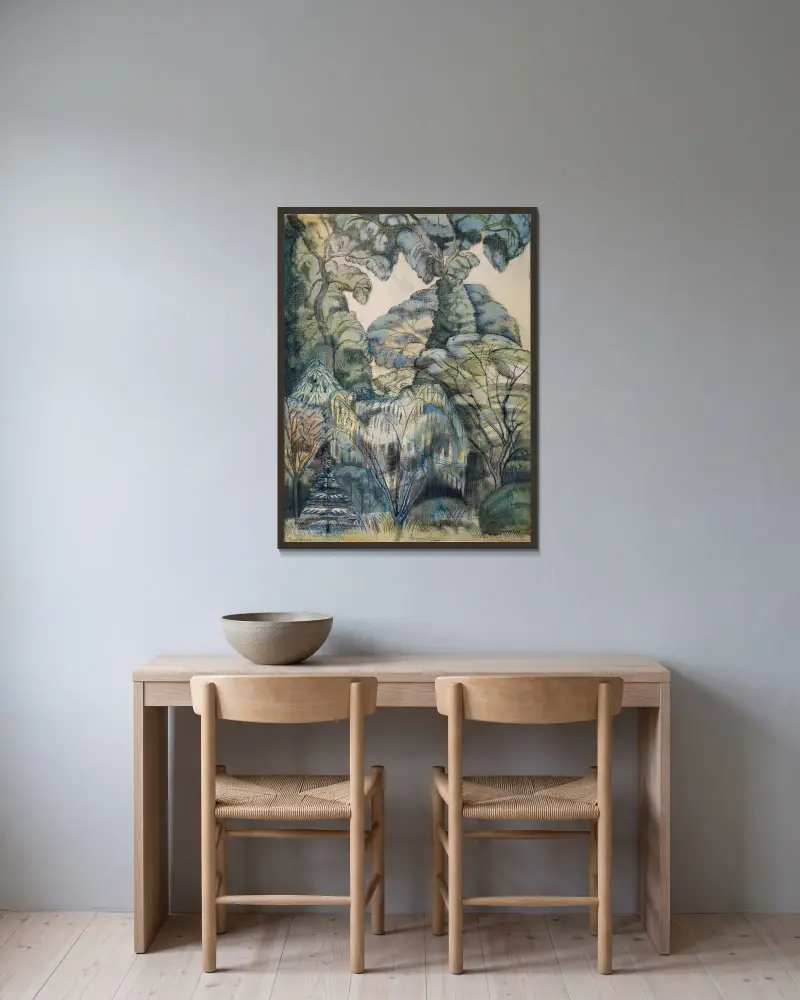 Träd i fågelträdgården, Iver Heath av Paul Nash inramad på en vägg