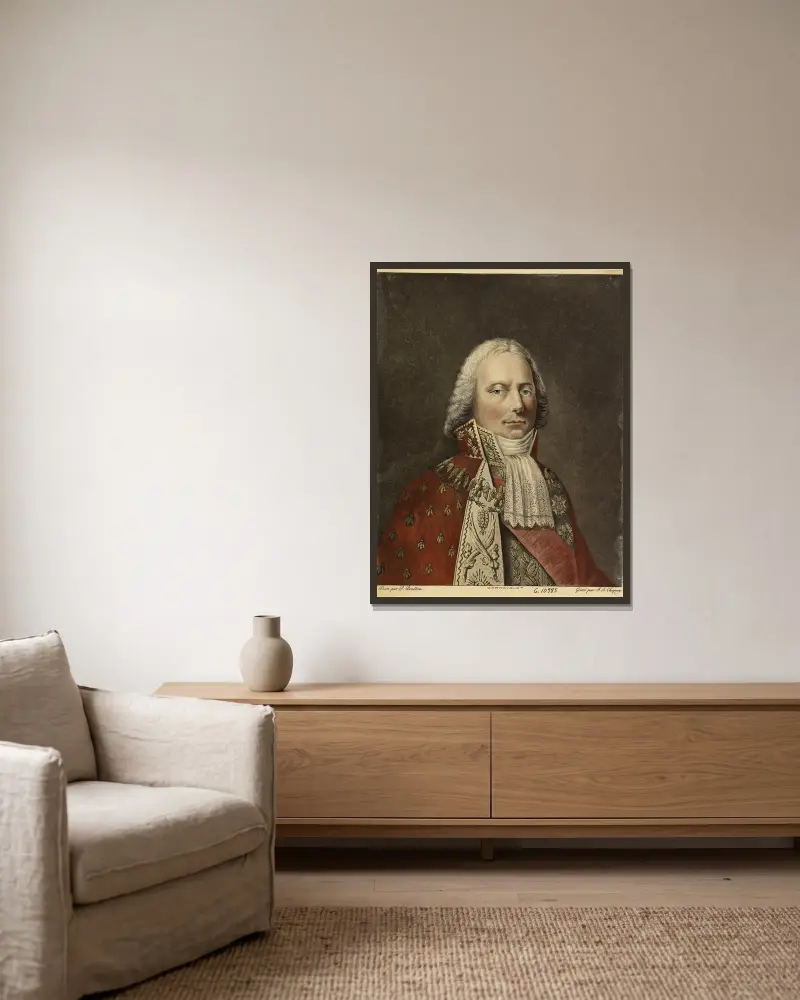 Charles-Maurice de Talleyrand-Périgord, Prinz von Benevent, im Kostüm des Vize-Großwahlmanns von Pierre-Paul Prud'hon gerahmt an einer Wand