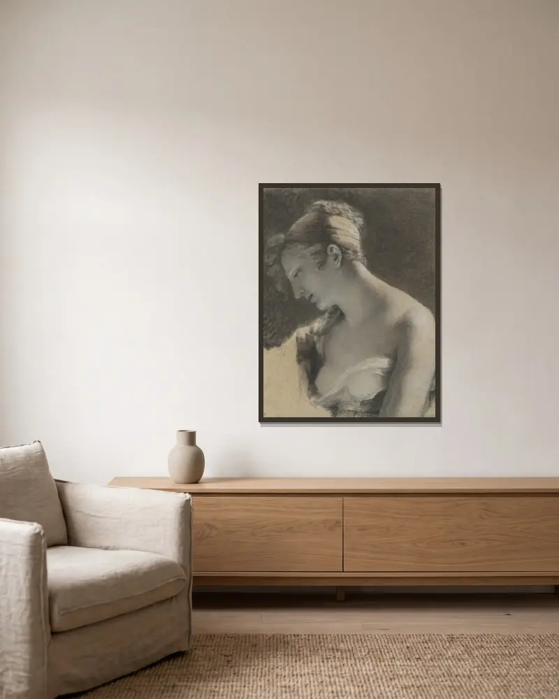 Huvud av kvinna; studie till Den lyckliga modern av Pierre-Paul Prud'hon inramad på en vägg