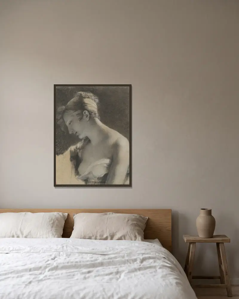 Huvud av kvinna; studie till Den lyckliga modern av Pierre-Paul Prud'hon inramad på en vägg