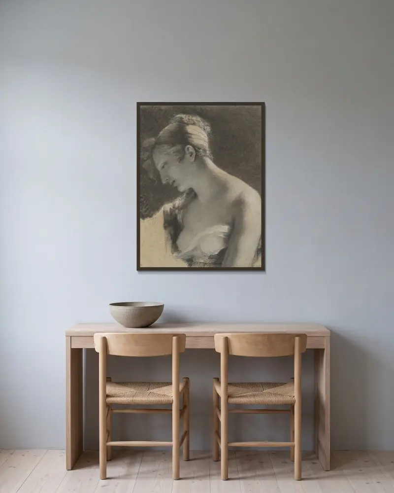 Huvud av kvinna; studie till Den lyckliga modern av Pierre-Paul Prud'hon inramad på en vägg