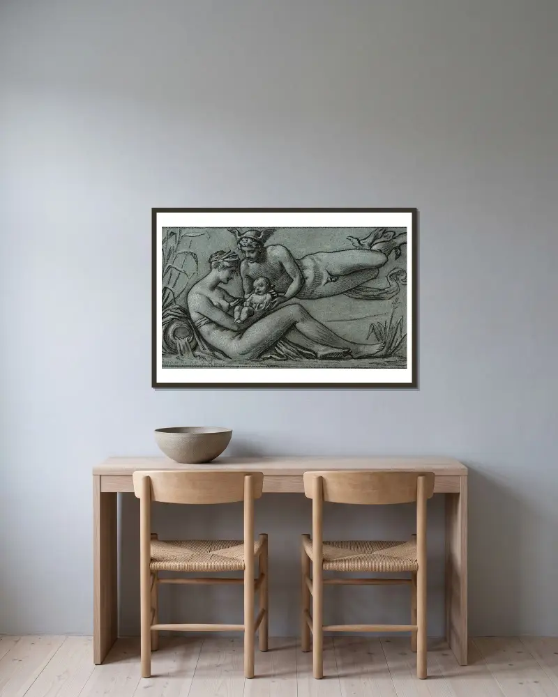 Seinen tar i sina armar barnet som gudarna anförtror henne av Pierre-Paul Prud'hon inramad på en vägg