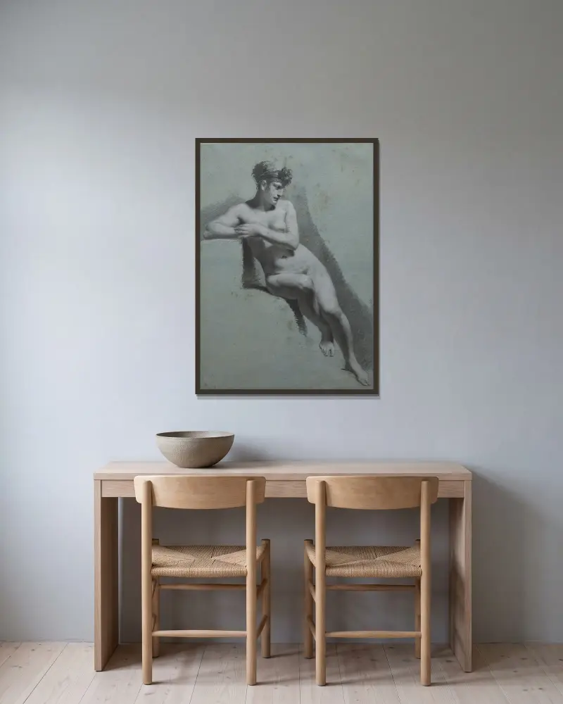 Studie einer sitzenden nackten Frau, nach rechts blickend von Pierre-Paul Prud'hon gerahmt an einer Wand