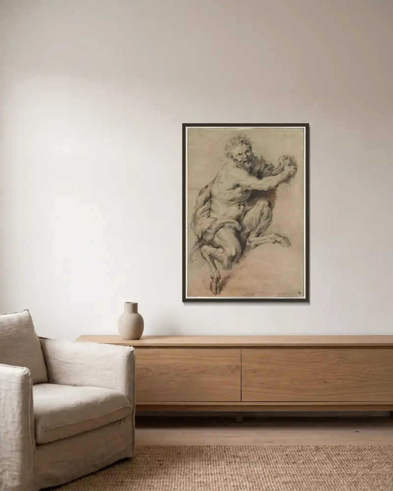 En faun som griper en druvklase av Peter Paul Rubens inramad på en vägg