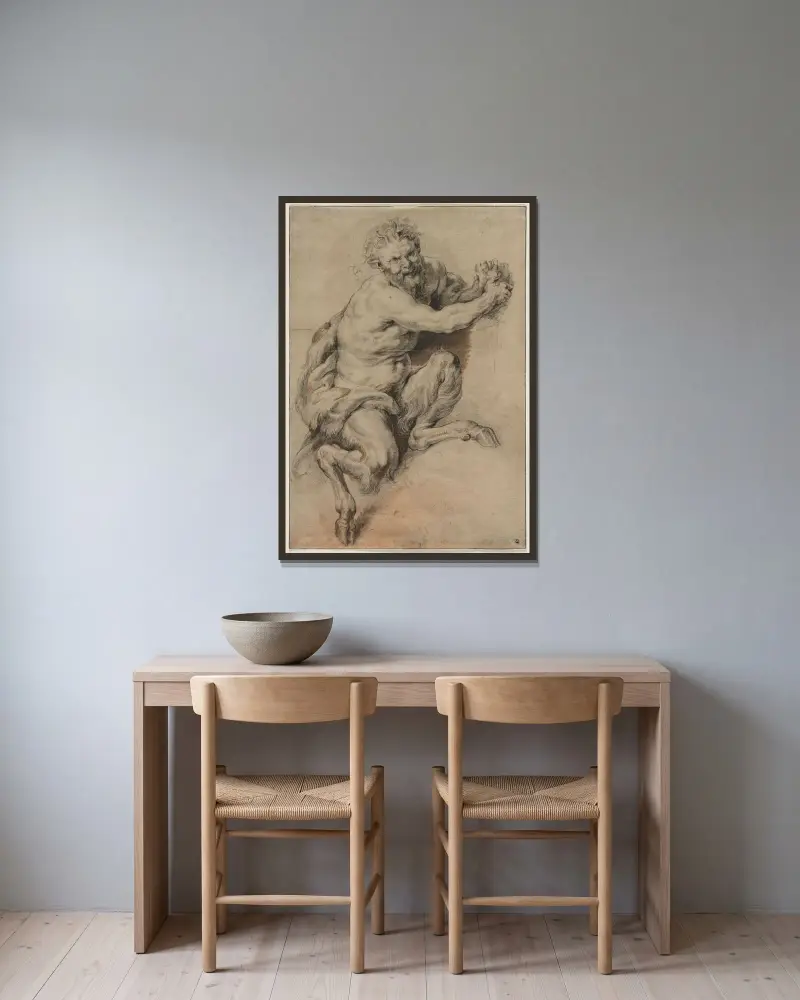 En faun som griper en druvklase av Peter Paul Rubens inramad på en vägg