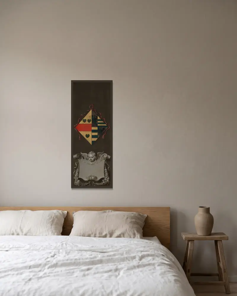 Wappen der Adriana Perez von Peter Paul Rubens gerahmt an einer Wand