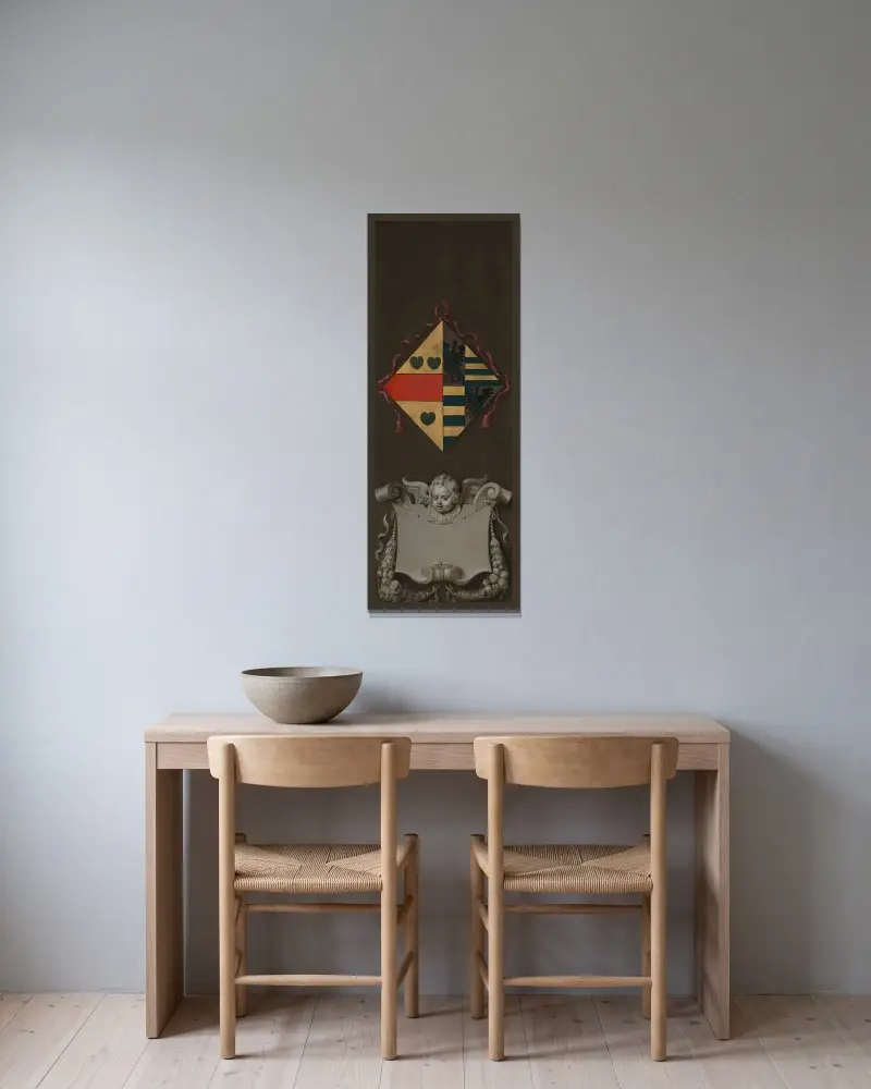 Wappen der Adriana Perez von Peter Paul Rubens gerahmt an einer Wand