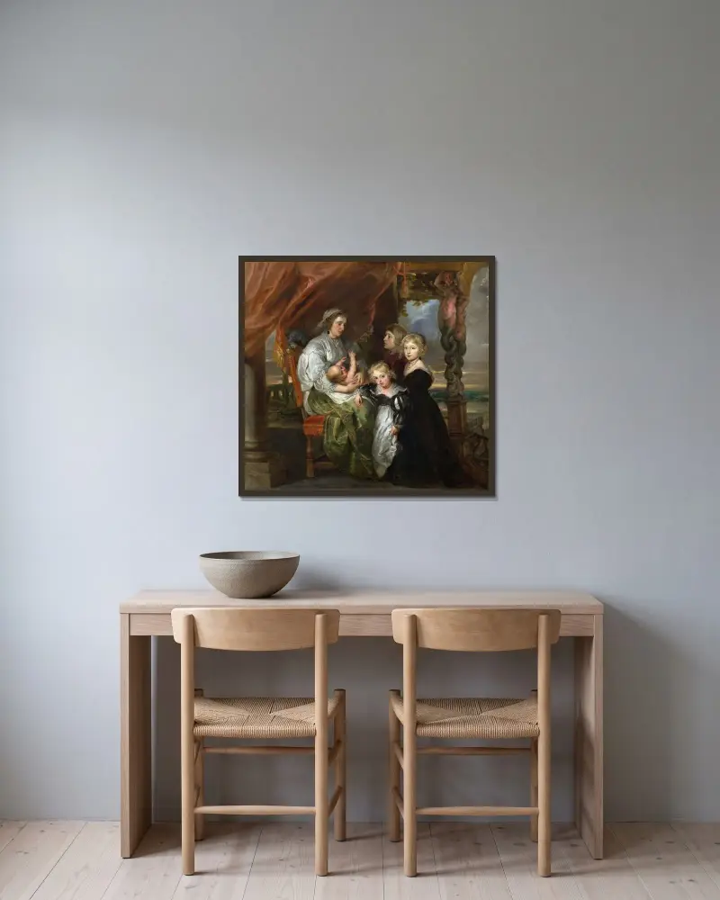 Deborah Kip, fru till Sir Balthasar Gerbier, och hennes barn av Peter Paul Rubens inramad på en vägg