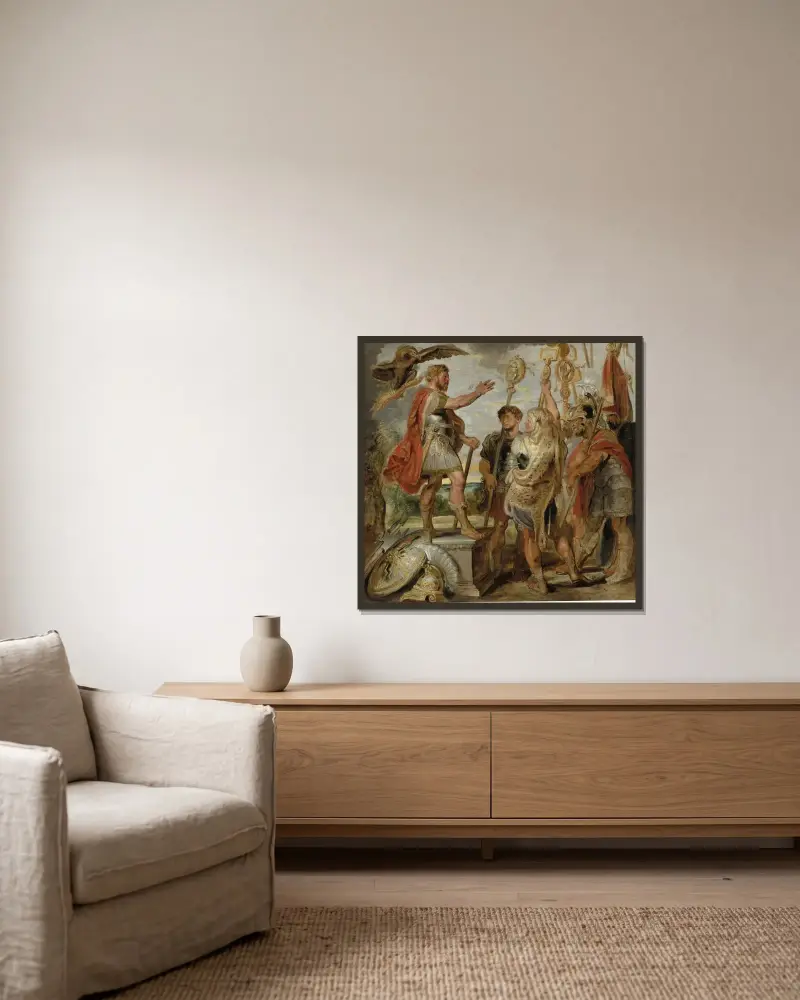 Decius Mus talar till legionerna av Peter Paul Rubens inramad på en vägg