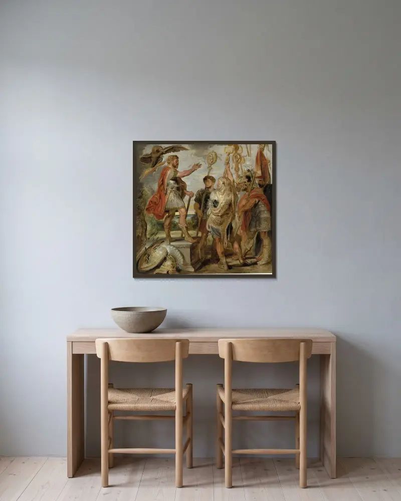 Decius Mus talar till legionerna av Peter Paul Rubens inramad på en vägg