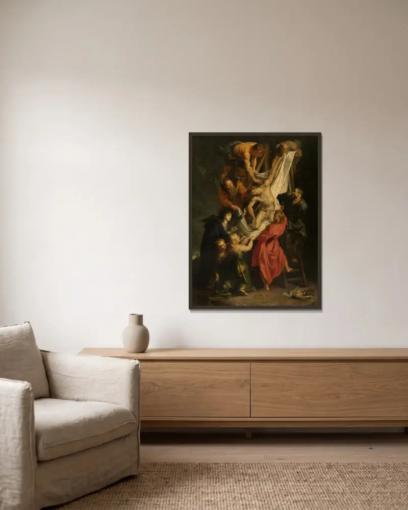 Descent from the Cross av Peter Paul Rubens inramad på en vägg