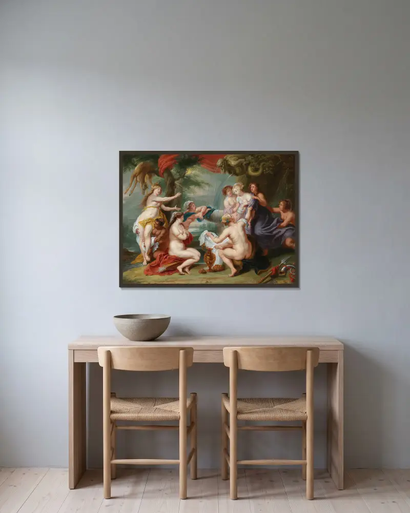 Diana upptäcker Callistos graviditet av Follower of Peter Paul Rubens inramad på en vägg