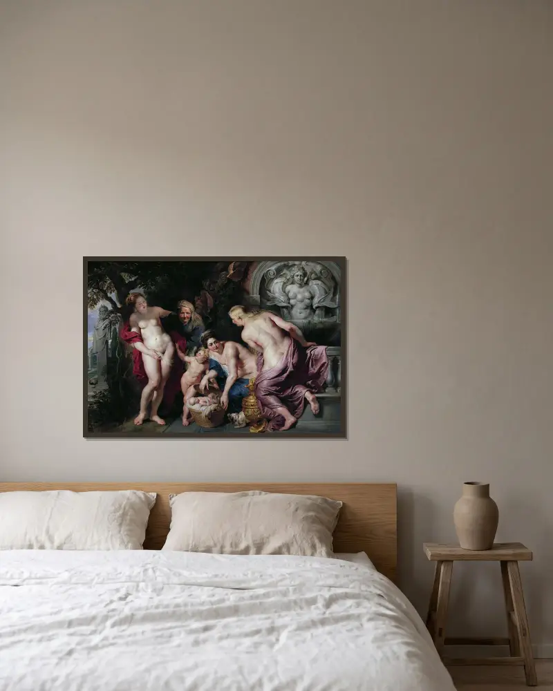 Erichthonius upptäcks av Cecrops döttrar av Peter Paul Rubens inramad på en vägg