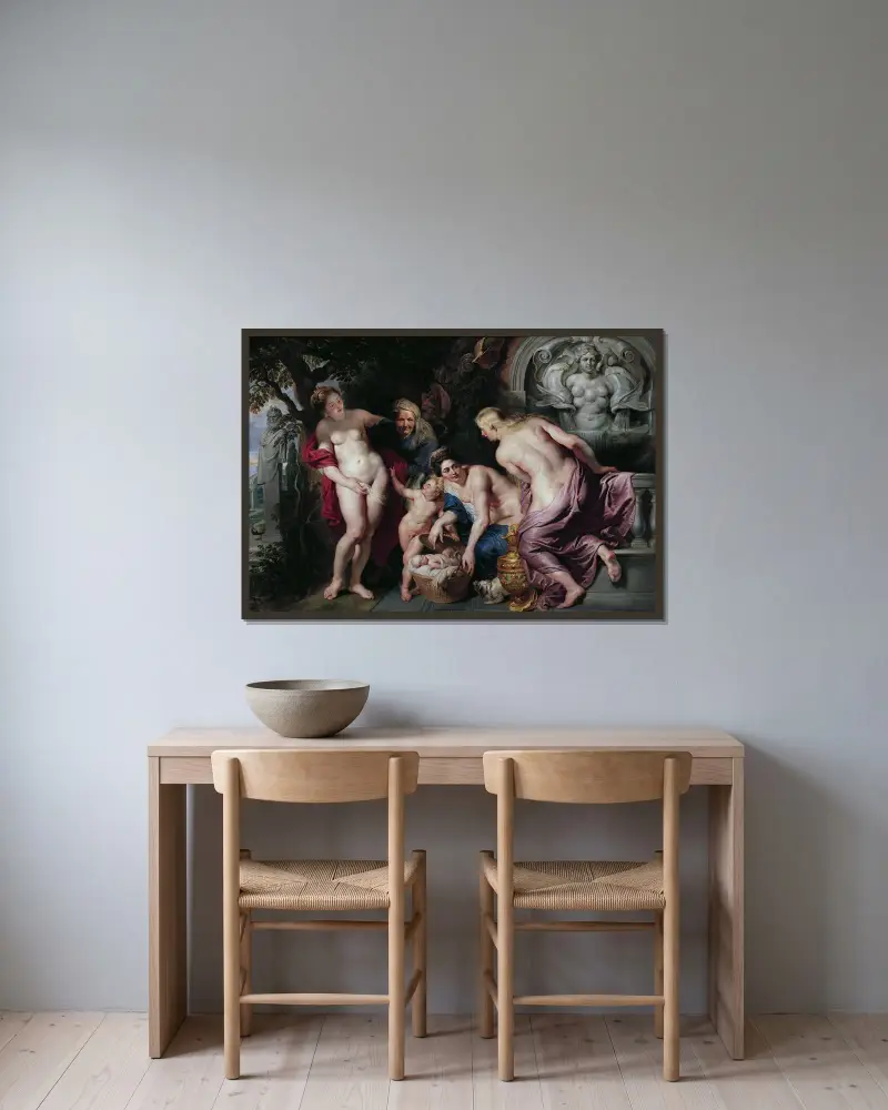 Erichthonius upptäcks av Cecrops döttrar av Peter Paul Rubens inramad på en vägg