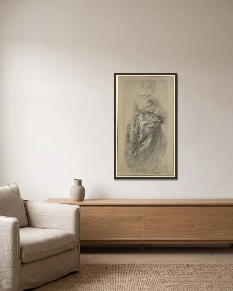Figurenstudie zum ‚Garten der Liebe'; Hélène Fourment von Peter Paul Rubens gerahmt an einer Wand