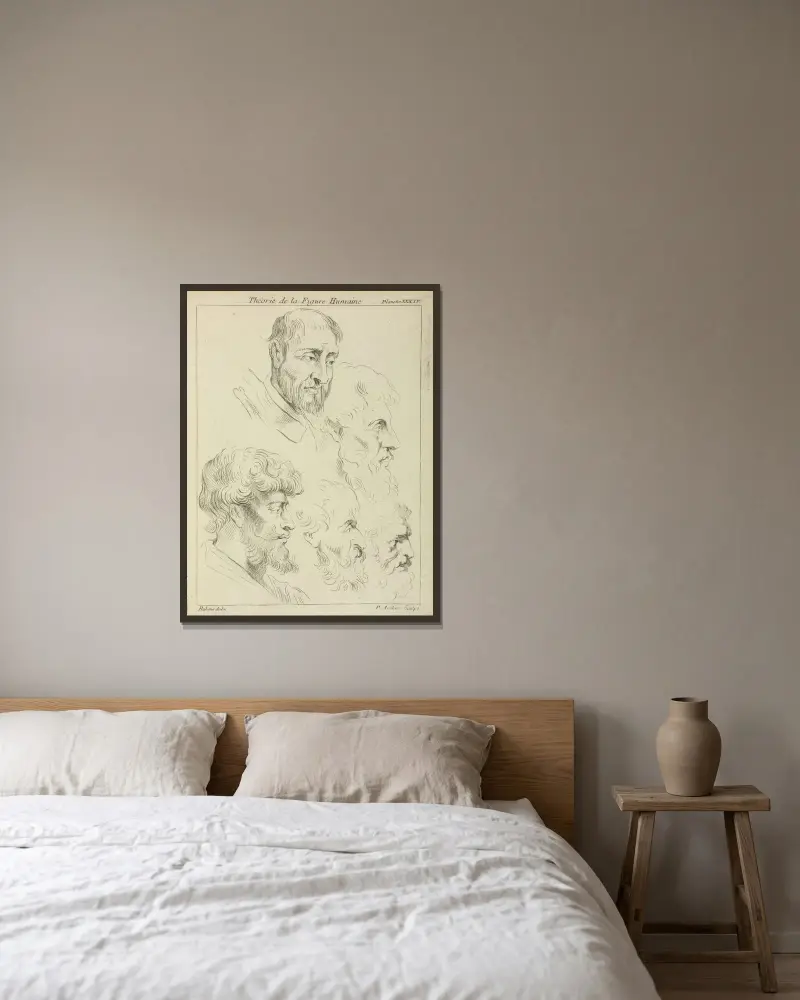 Fem studier av mäns huvuden, fyra i profil av Peter Paul Rubens inramad på en vägg
