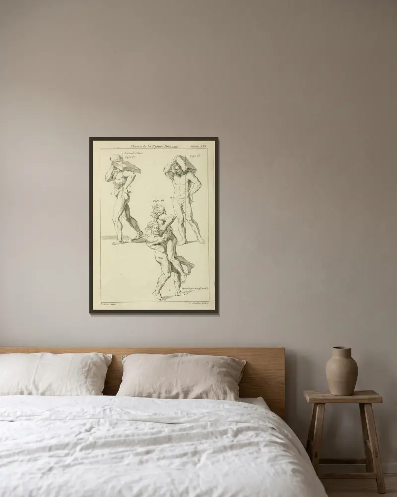 Fyra manliga figurer; två bär stora böcker på axlarna och de andra två brottas av Peter Paul Rubens inramad på en vägg