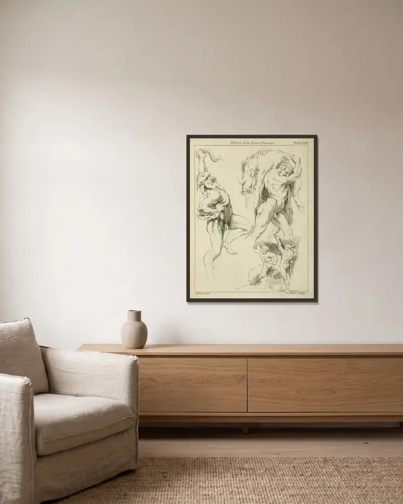 Fyra figurstudier: en som brottas med en orm, en som lyfter ett dött vildsvin och två Atlasfigurer som lyfter ett klot av Peter Paul Rubens inramad på en vägg