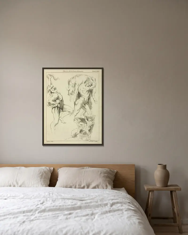 Fyra figurstudier: en som brottas med en orm, en som lyfter ett dött vildsvin och två Atlasfigurer som lyfter ett klot av Peter Paul Rubens inramad på en vägg