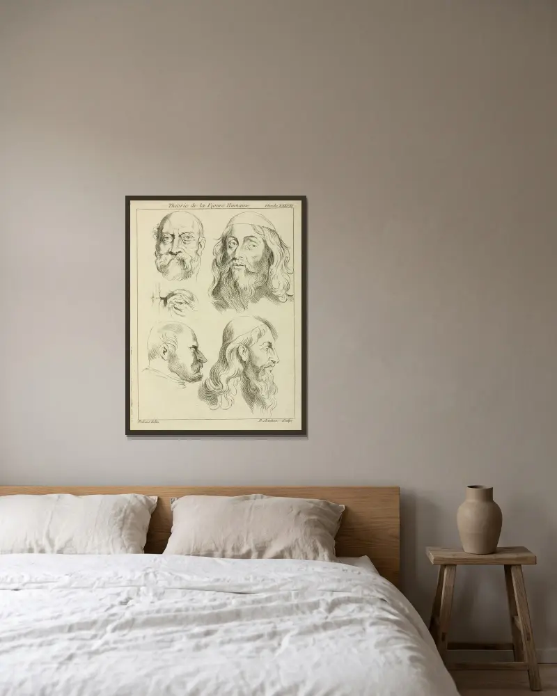 Fyra studier av manshuvuden och ett öga av Peter Paul Rubens inramad på en vägg