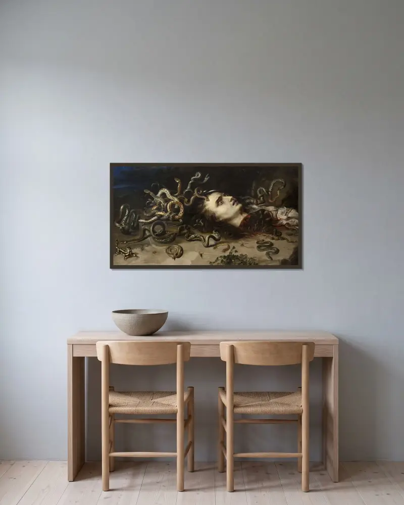 Medusas huvud av Peter Paul Rubens inramad på en vägg