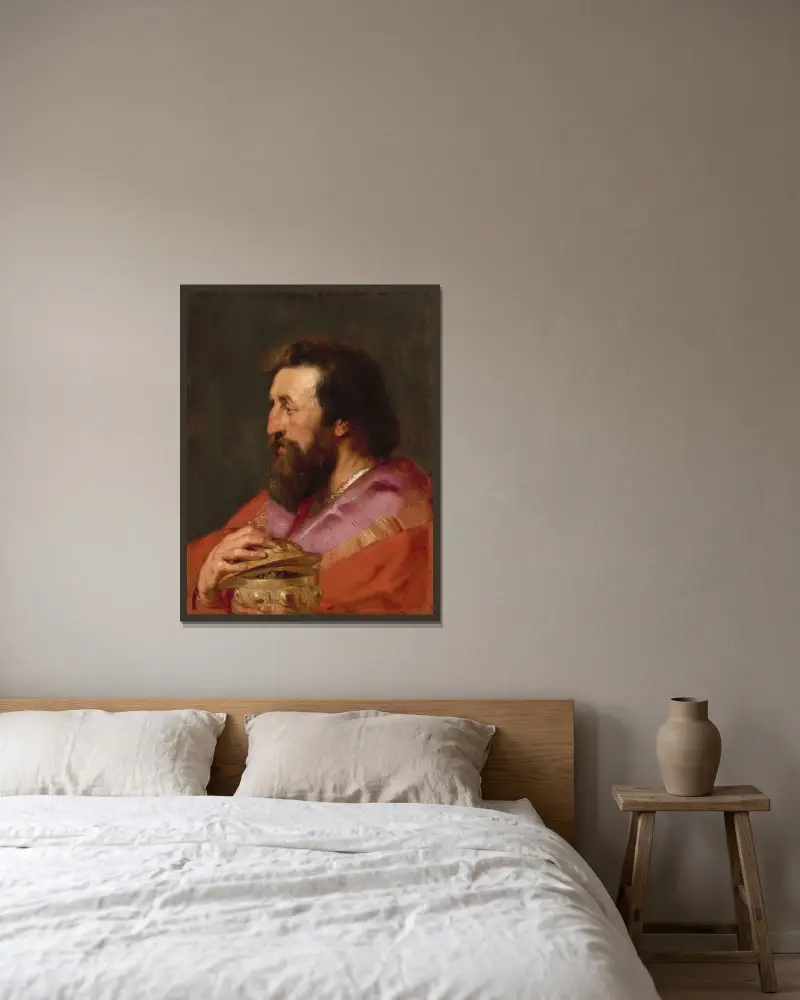 Huvud av en av de tre vise männen – Melchior, den assyriske kungen av Peter Paul Rubens inramad på en vägg