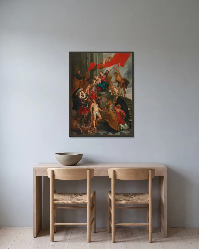 Madonnan med barnet och helgon av Follower of Peter Paul Rubens inramad på en vägg
