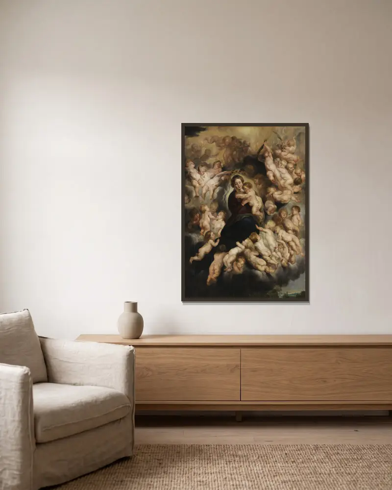 Madonnan med barnet i änglakrans av Follower of Peter Paul Rubens inramad på en vägg