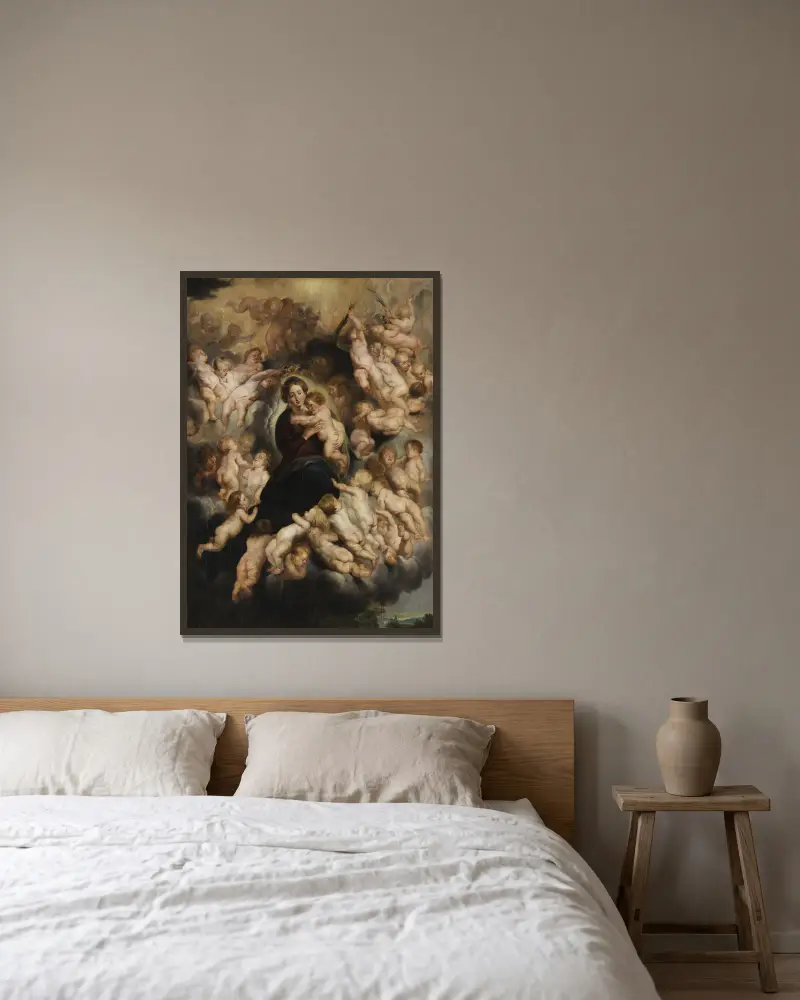 Madonnan med barnet i änglakrans av Follower of Peter Paul Rubens inramad på en vägg