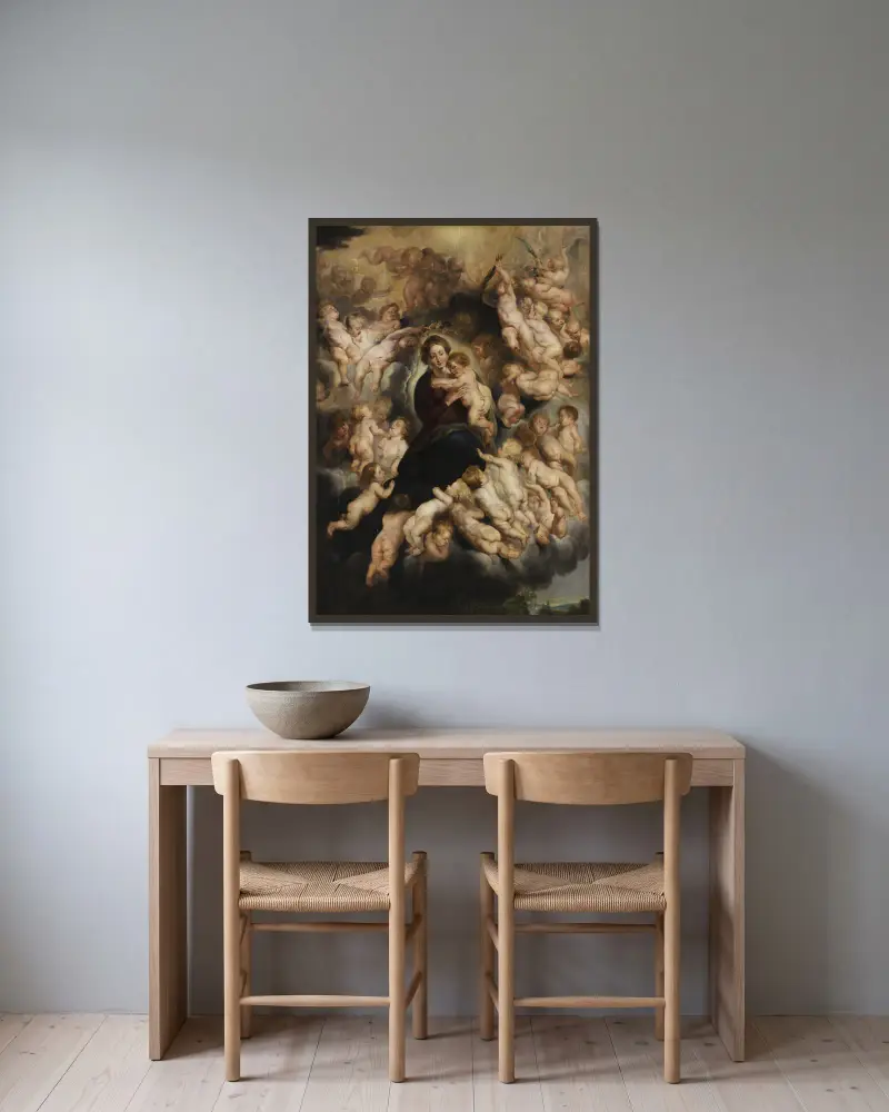 Madonnan med barnet i änglakrans av Follower of Peter Paul Rubens inramad på en vägg