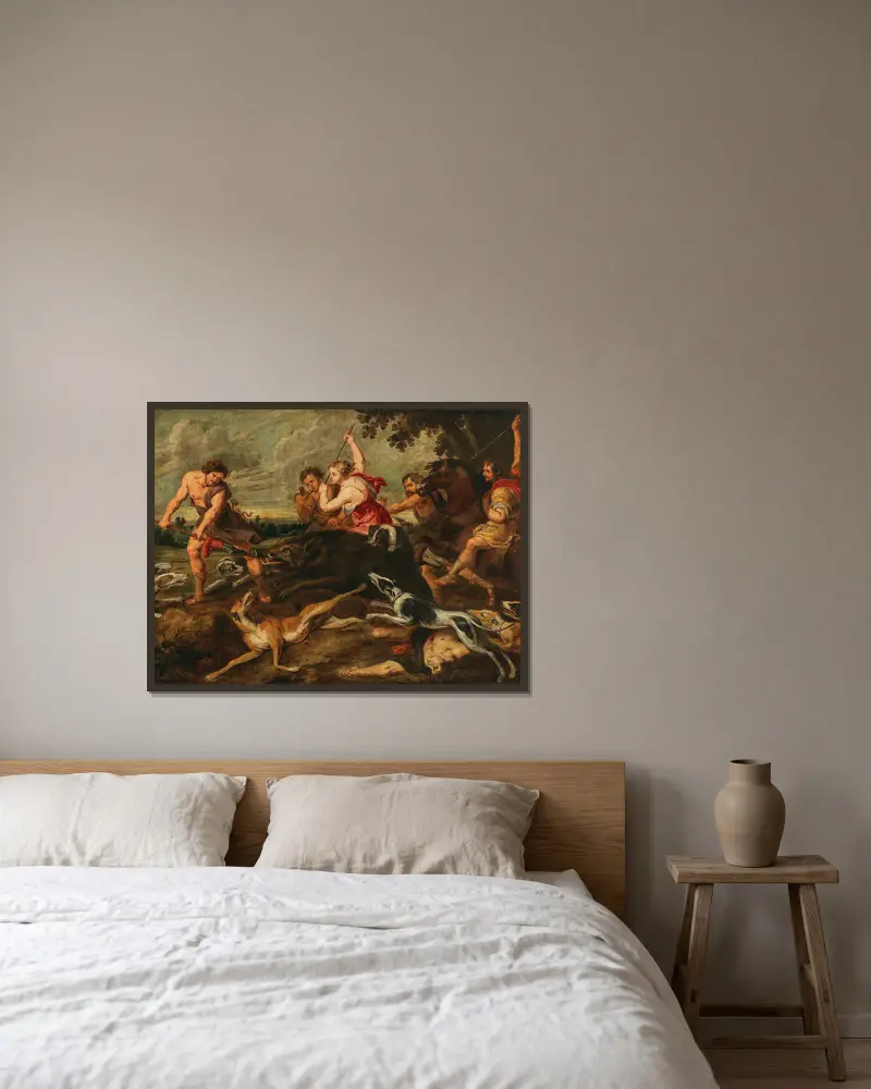 Meleager och Atalante jagar det kalydonska vildsvinet av Follower of Peter Paul Rubens inramad på en vägg