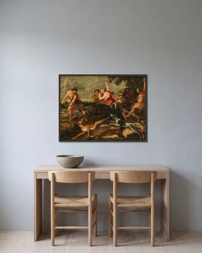 Meleager och Atalante jagar det kalydonska vildsvinet av Follower of Peter Paul Rubens inramad på en vägg