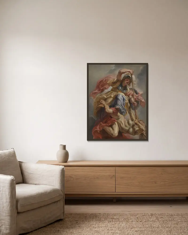 Minerva Overcoming Ignorance av Peter Paul Rubens inramad på en vägg