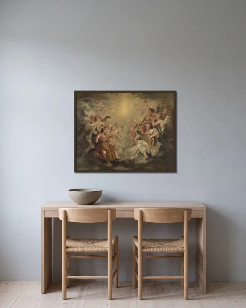Music making angels av Peter Paul Rubens inramad på en vägg