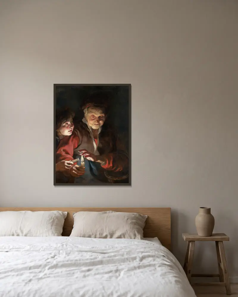 Old Woman and Boy with Candles av Peter Paul Rubens inramad på en vägg