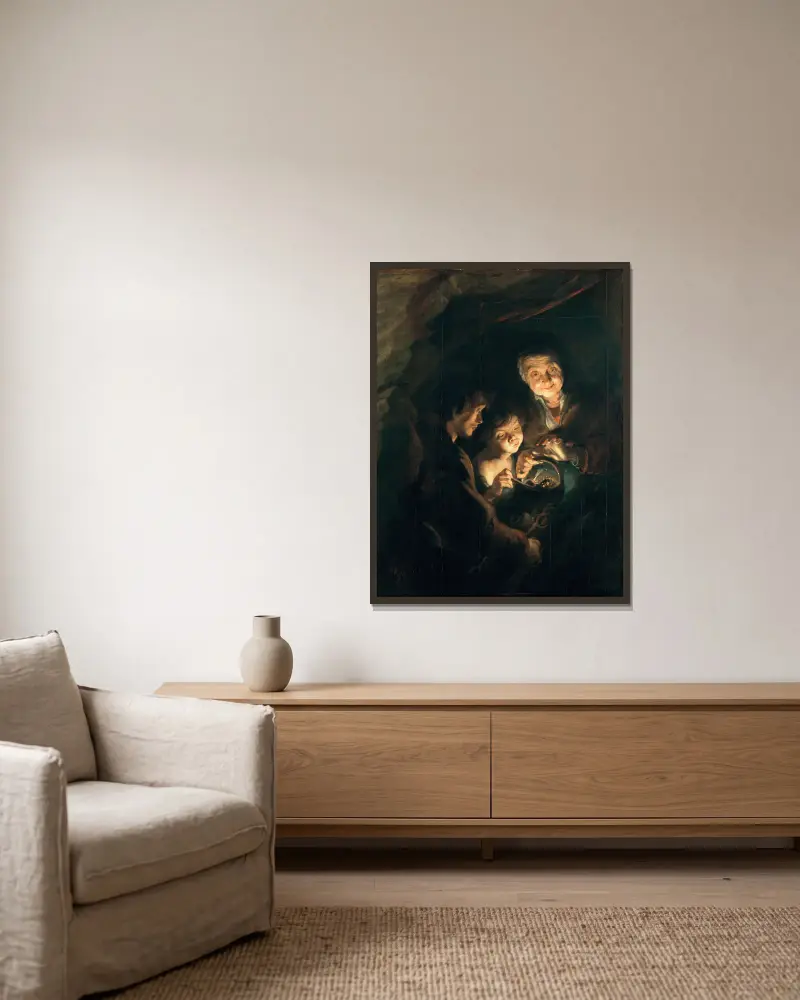 Gammal kvinna med kolkorg av Peter Paul Rubens inramad på en vägg